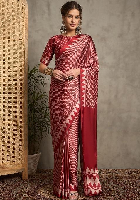 Red Printed Pure Crepe Saree Set — view on Indya