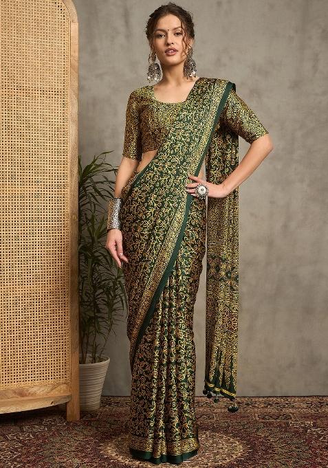 Green Printed Pure Crepe Saree Set — view on Indya