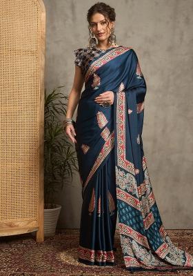 Teal Blue Printed Pure Crepe Saree Set
