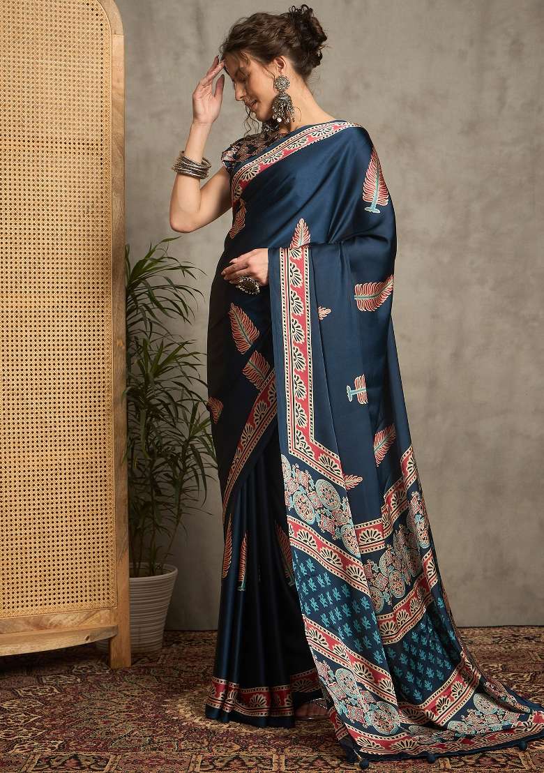 Teal Blue Printed Pure Crepe Saree Set - Indya