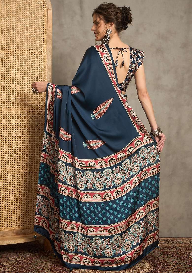 Teal Blue Printed Pure Crepe Saree Set - Indya