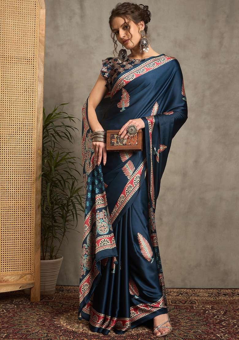 Teal Blue Printed Pure Crepe Saree Set - Indya