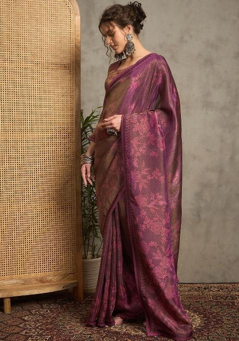 Magenta Printed Tissue Saree Set — view on Indya