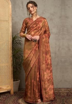 Brown Printed Tissue Saree Set