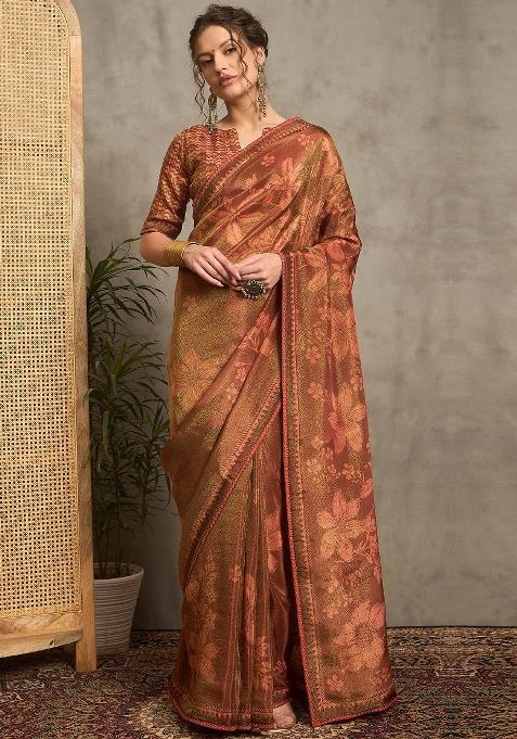 Brown Printed Tissue Saree Set — view on Indya