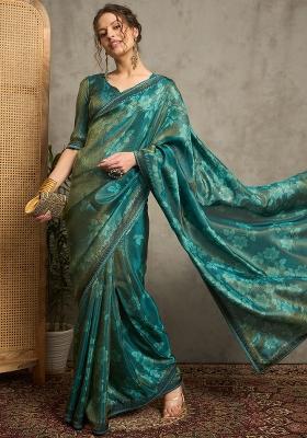 Teal Blue Printed Tissue Saree Set