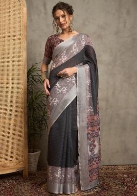 Black Printed Linen Saree Set