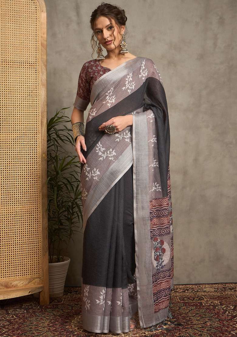 Black Printed Linen Saree Set - Indya