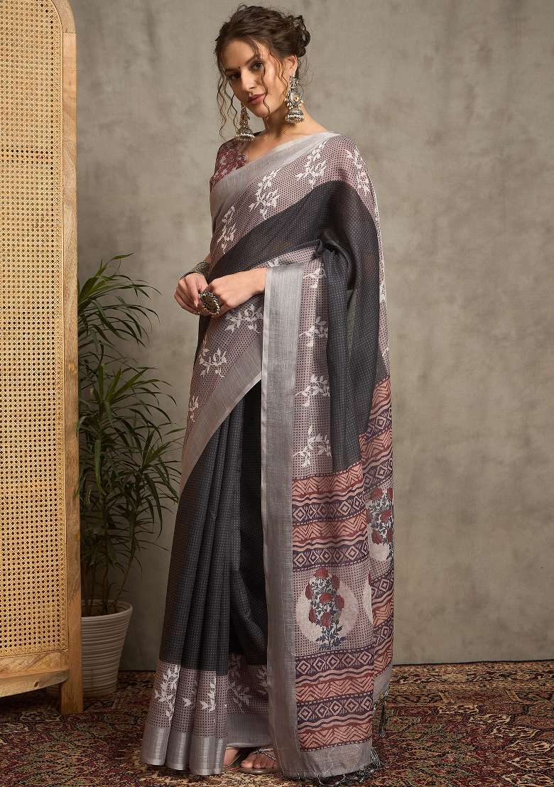 Black Printed Linen Saree Set - Indya