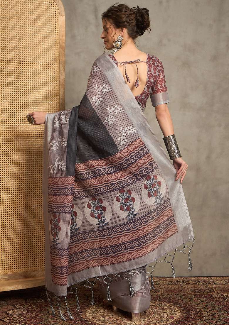 Black Printed Linen Saree Set - Indya