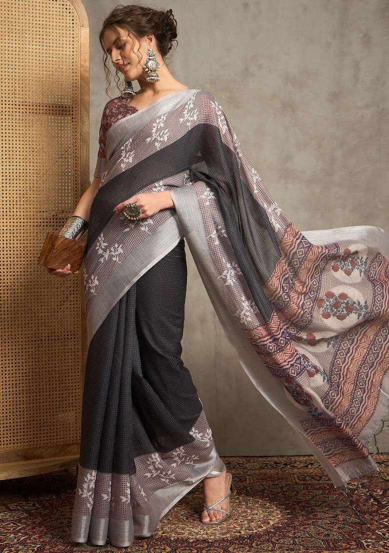 Black Printed Linen Saree Set - Indya