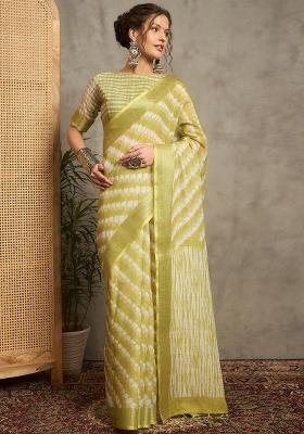 Light Green Printed Linen Saree Set