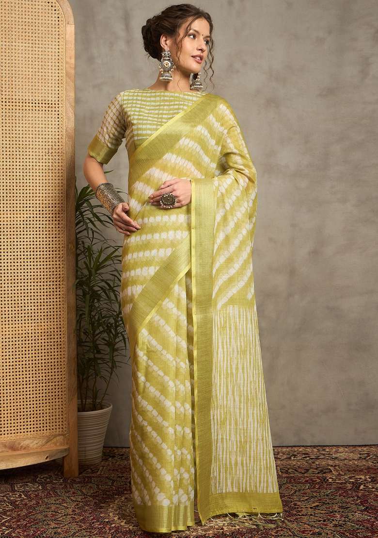 Light Green Printed Linen Saree Set - Indya