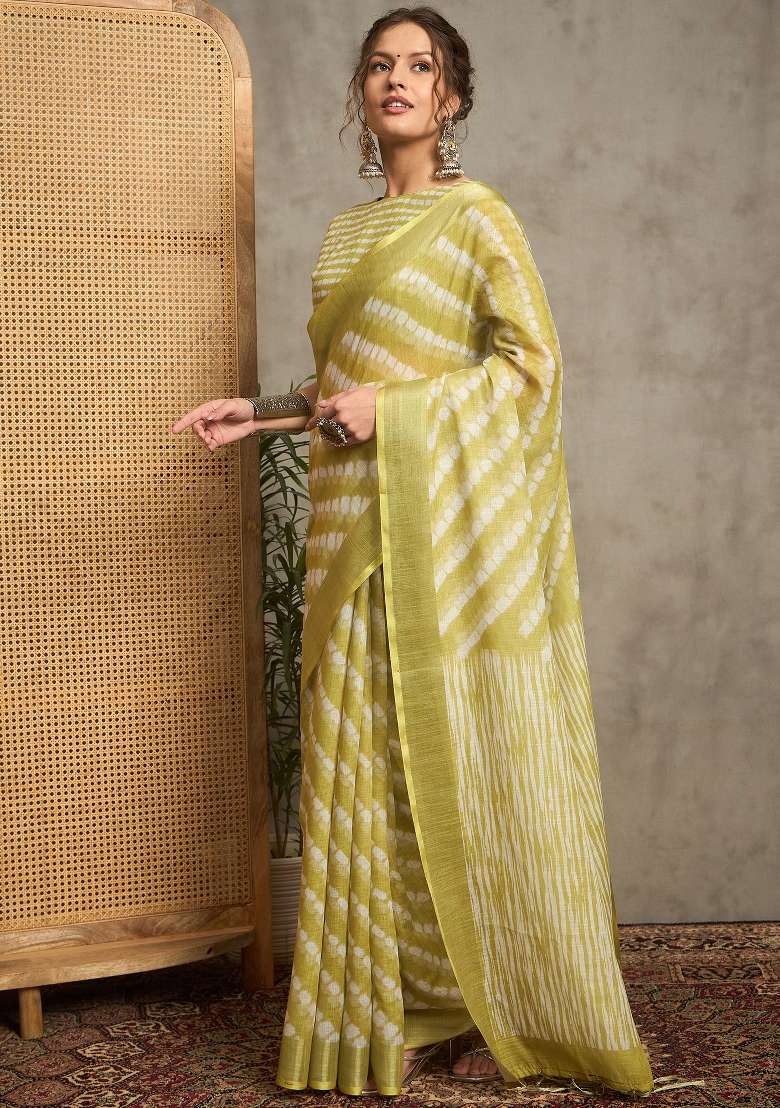 Light Green Printed Linen Saree Set - Indya