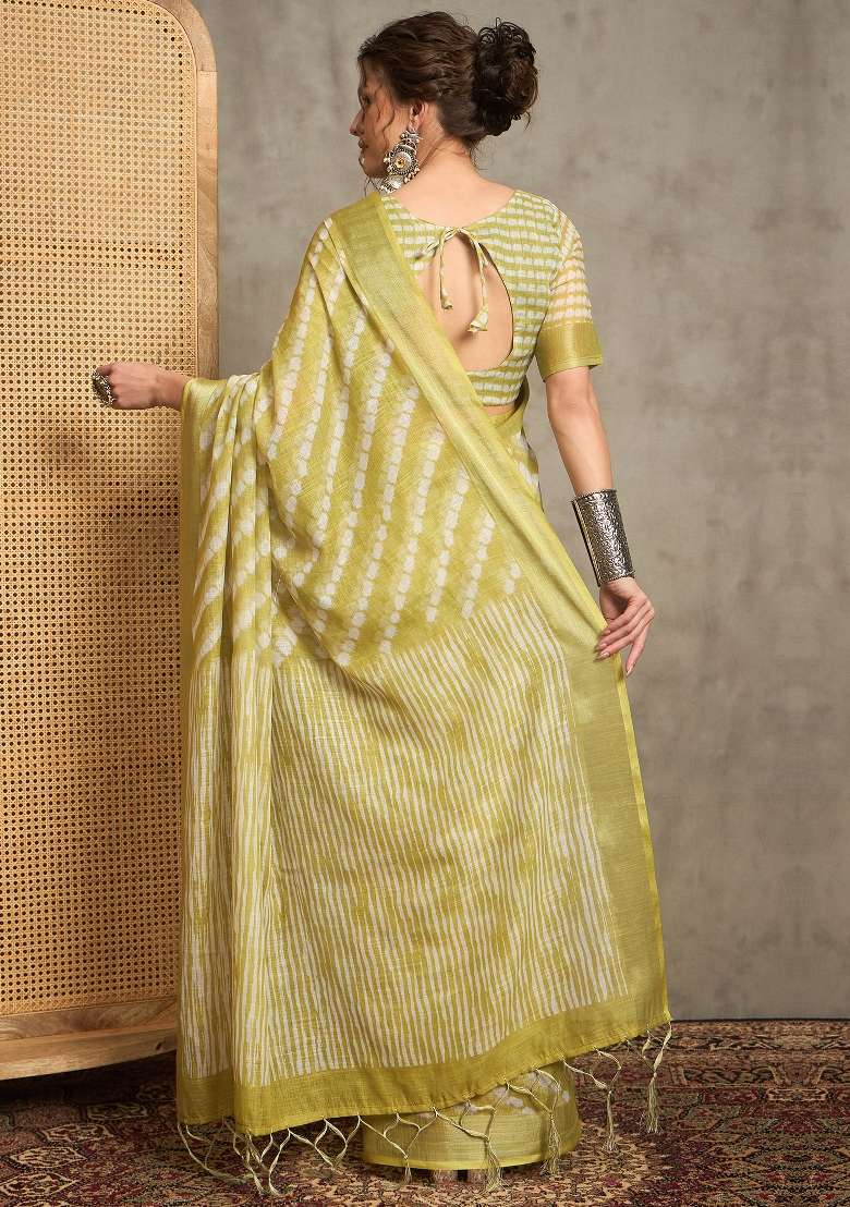 Light Green Printed Linen Saree Set - Indya