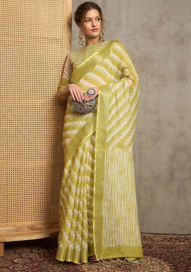 Light Green Printed Linen Saree Set - Indya