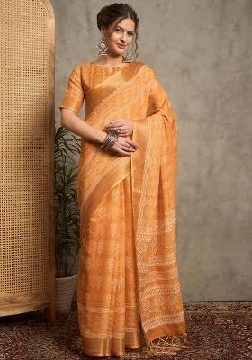 Orange Printed Linen Saree Set