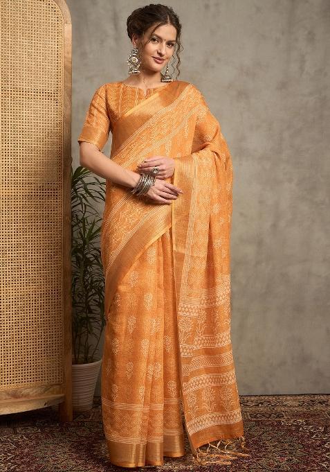 Orange Printed Linen Saree Set — view on Indya