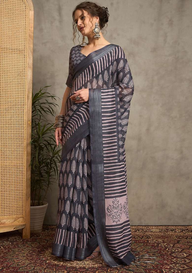 Charcoal Grey Printed Linen Saree Set - Indya