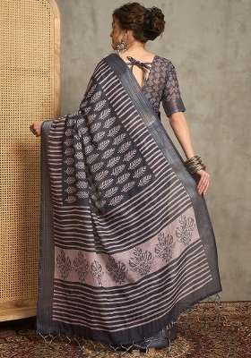 Charcoal Grey Printed Linen Saree Set - Indya