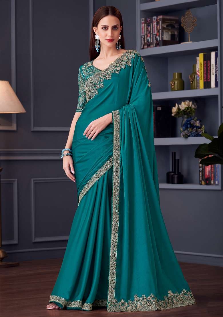 Blue Printed Pure Chiffon Saree Set for Diwali and Festive Wear - Indya