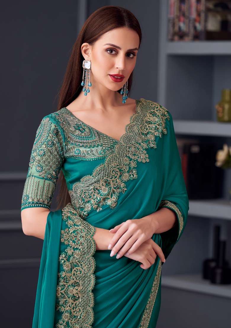 Blue Printed Pure Chiffon Saree Set for Diwali and Festive Wear - Indya