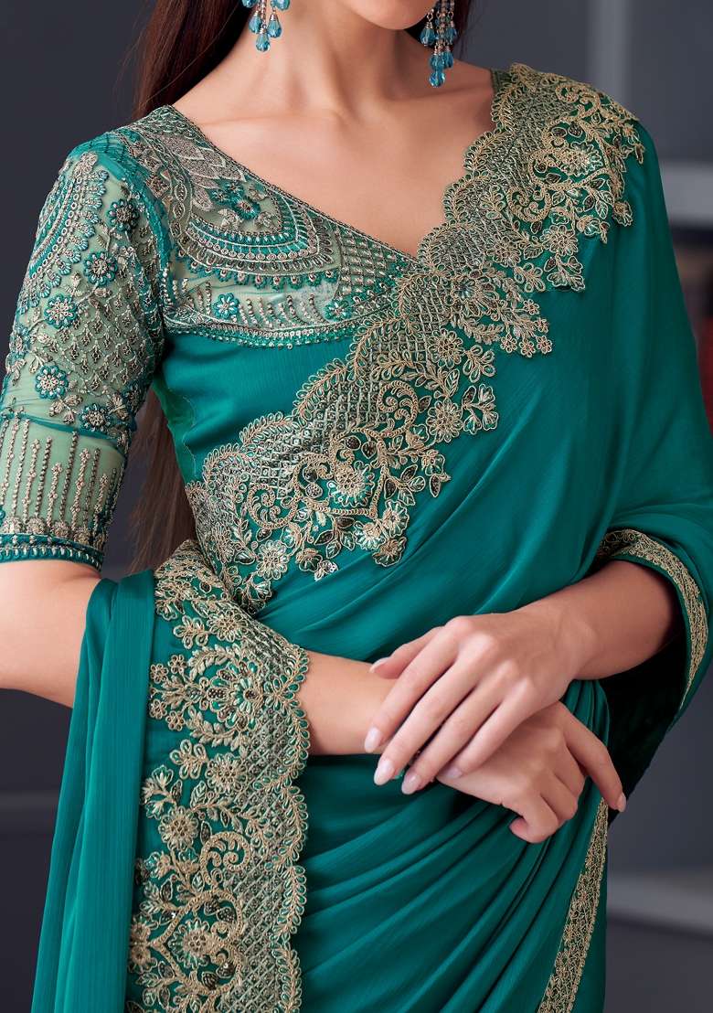 Blue Printed Pure Chiffon Saree Set for Diwali and Festive Wear - Indya