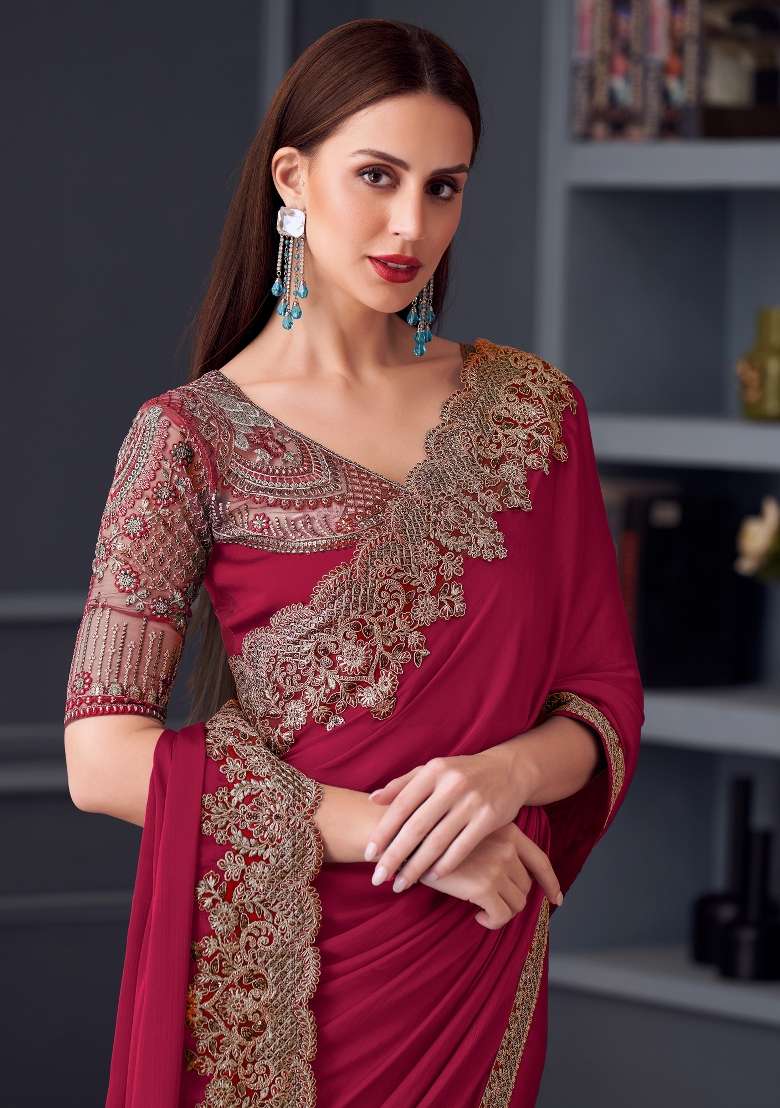 Maroon Printed Pure Chiffon Saree Set for Diwali and Festive Wear - Indya