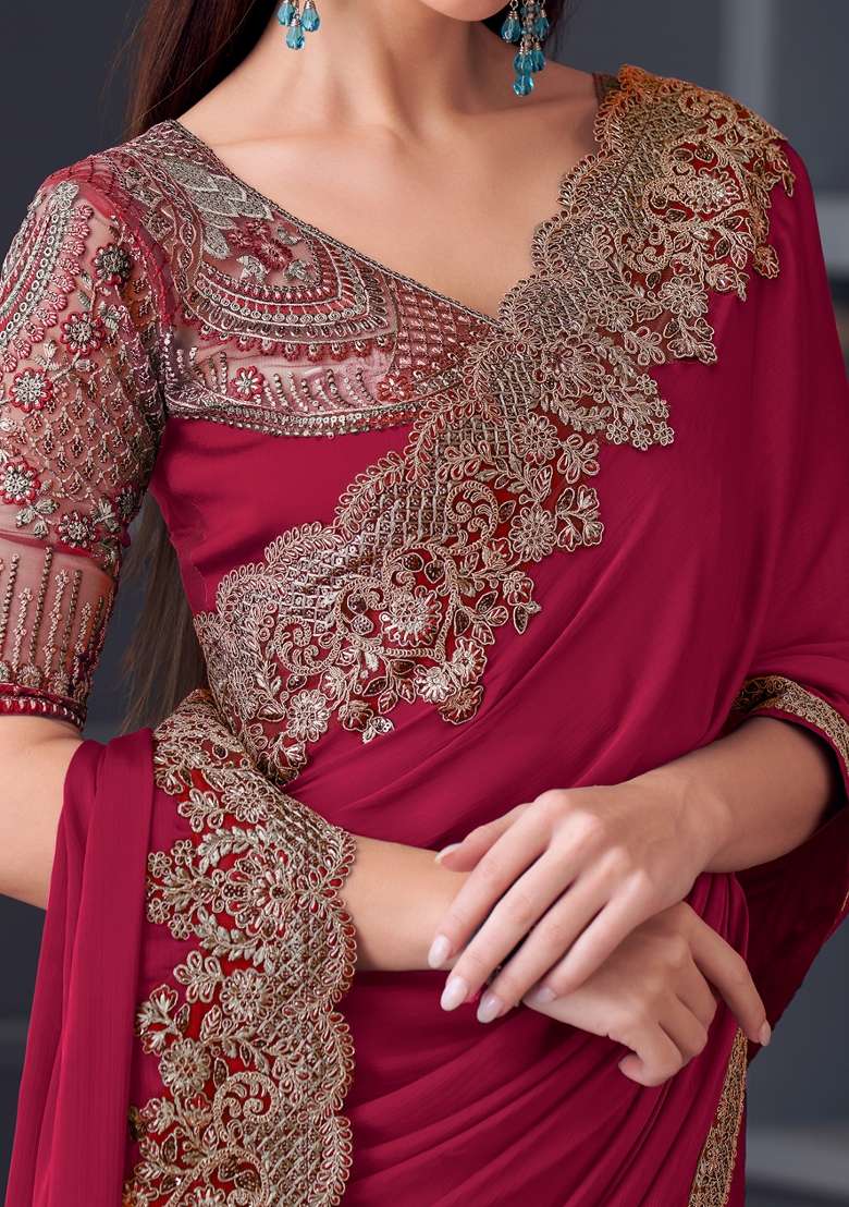 Maroon Printed Pure Chiffon Saree Set for Diwali and Festive Wear - Indya
