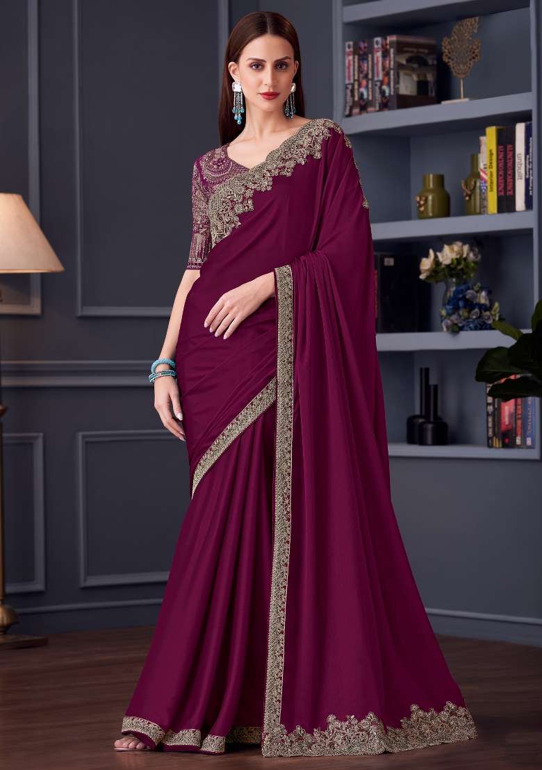 Magenta Printed Pure Chiffon Saree Set for Diwali and Festive Wear - Indya