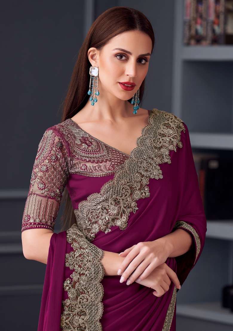 Magenta Printed Pure Chiffon Saree Set for Diwali and Festive Wear - Indya