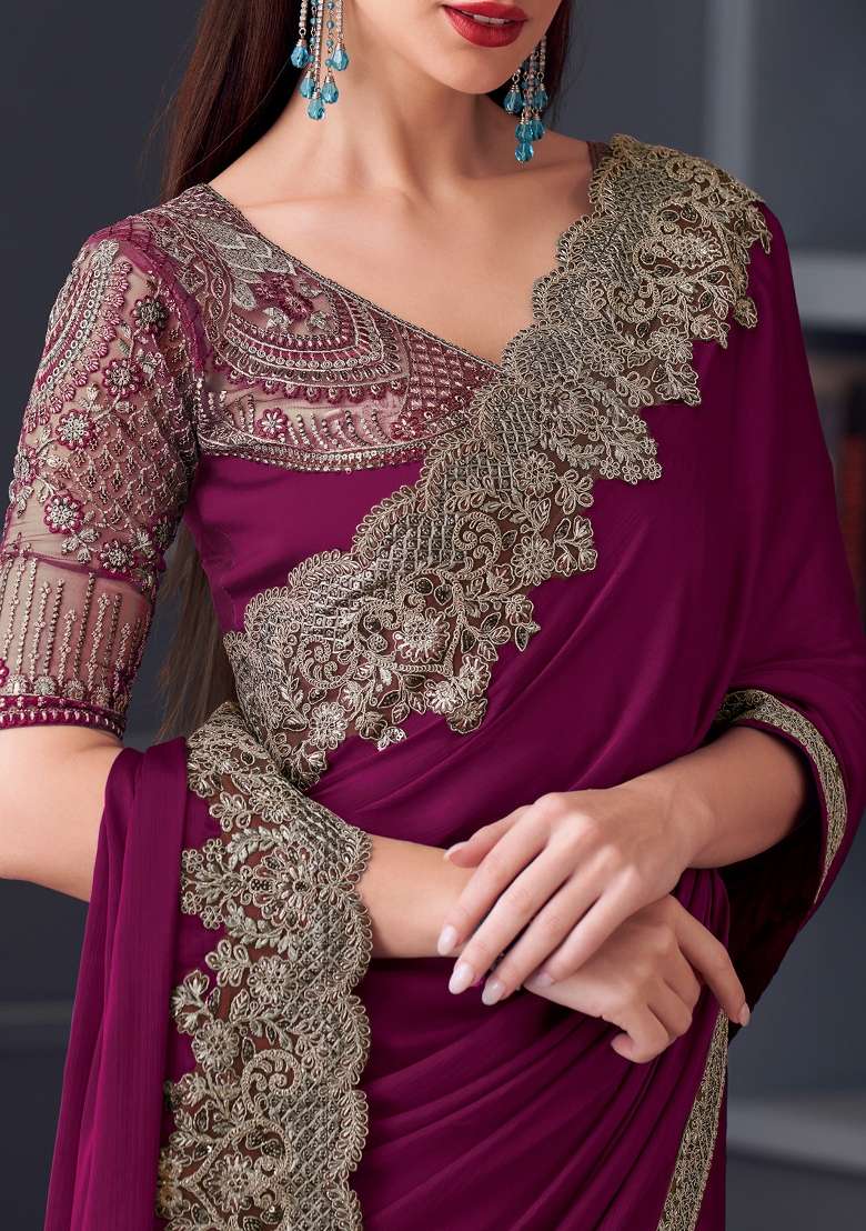 Magenta Printed Pure Chiffon Saree Set for Diwali and Festive Wear - Indya