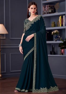 Teal Blue Printed Pure Chiffon Saree Set