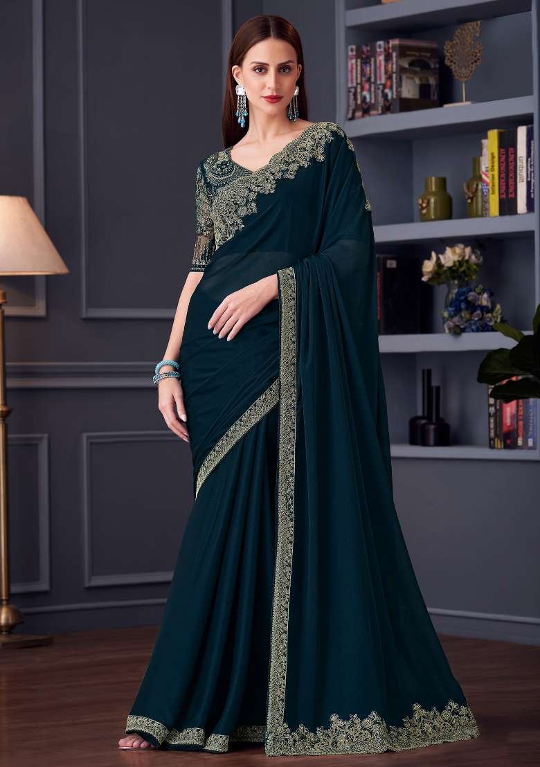 Teal Blue Printed Pure Chiffon Saree Set for Diwali and Festive Wear - Indya