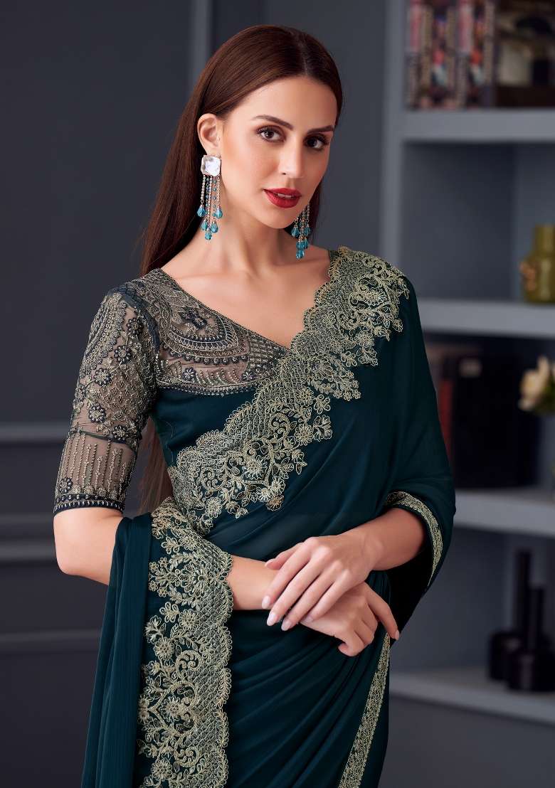 Teal Blue Printed Pure Chiffon Saree Set for Diwali and Festive Wear - Indya