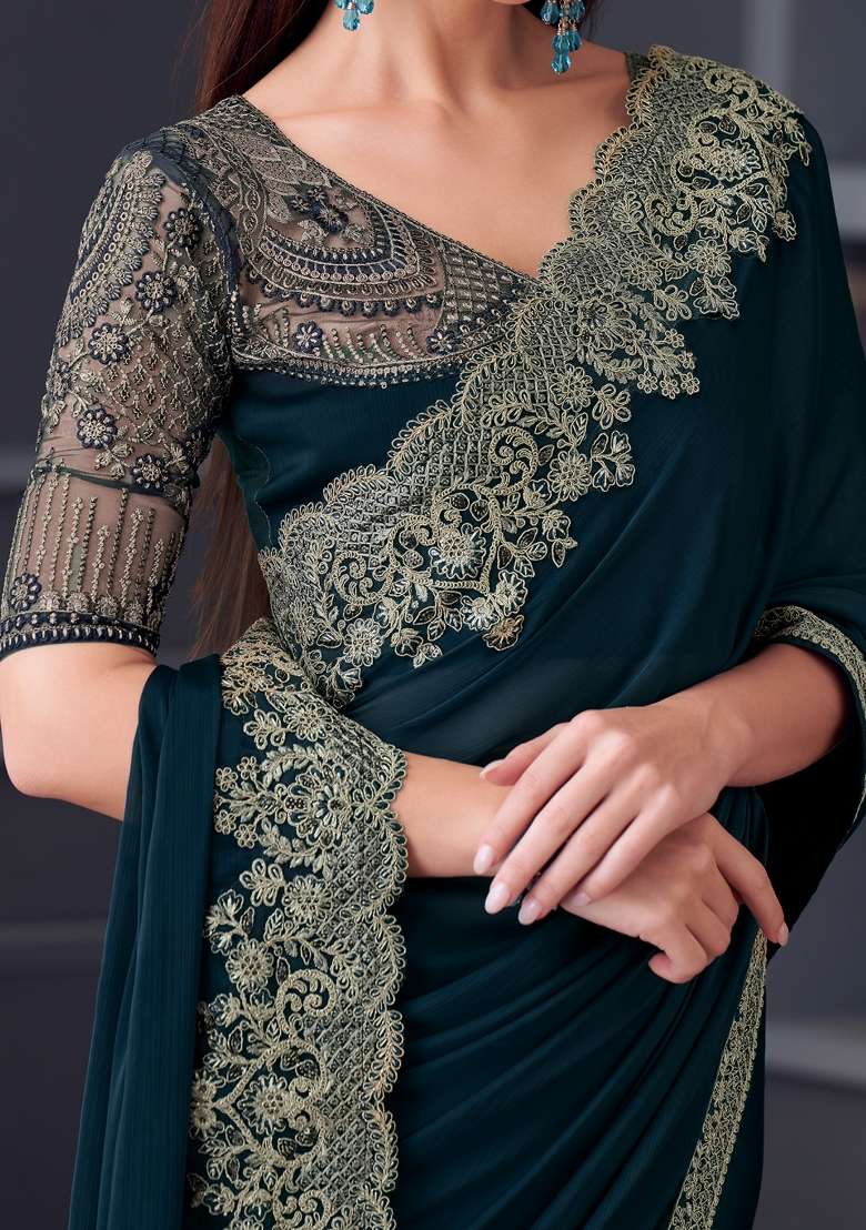 Teal Blue Printed Pure Chiffon Saree Set for Diwali and Festive Wear - Indya
