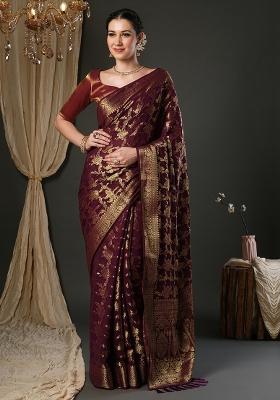 Burgundy Printed Pure Georgette Saree Set