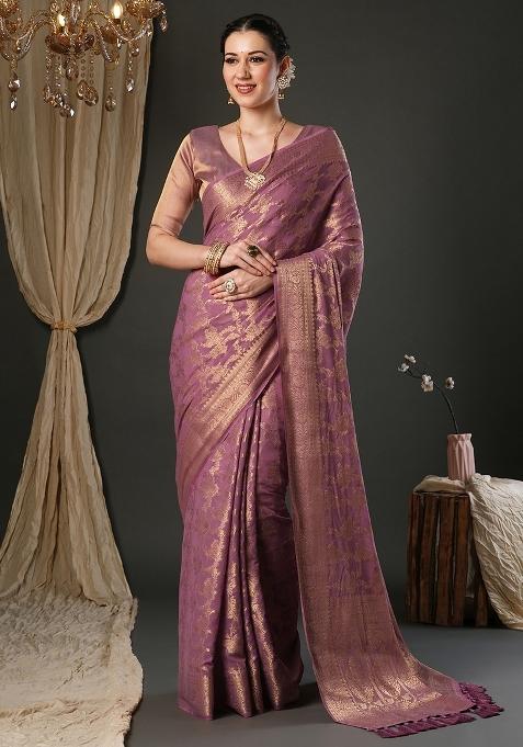 Mauve Printed Pure Georgette Saree Set — view on Indya