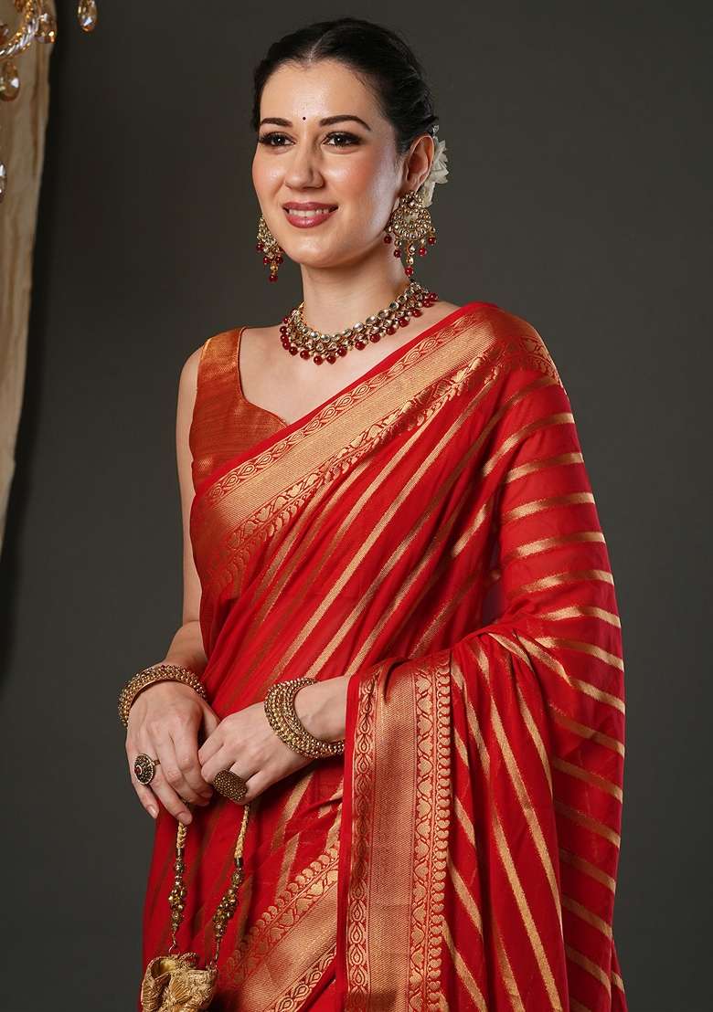 Red Printed Pure Georgette Saree Set - Indya