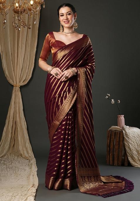 Burgundy Printed Pure Georgette Saree Set