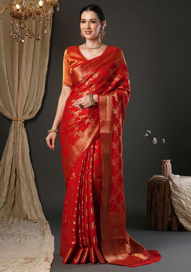 Red Printed Pure Georgette Saree Set for Diwali and Festive Wear - Indya