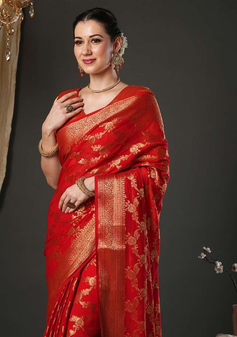 Red Printed Pure Georgette Saree Set for Diwali and Festive Wear - Indya