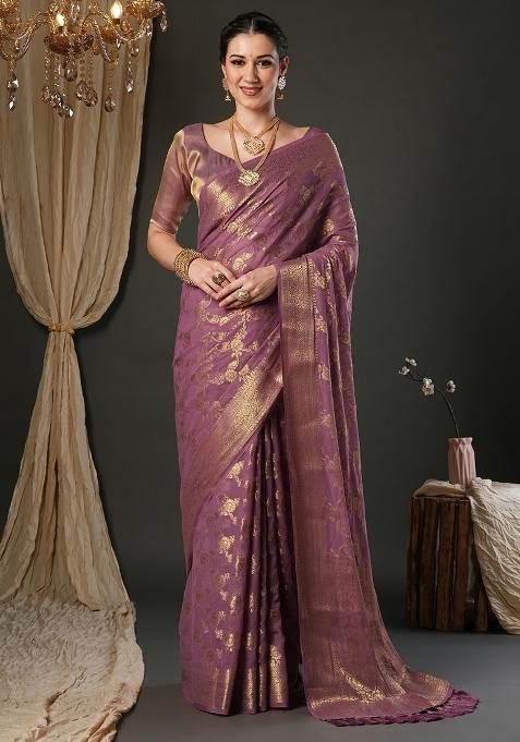 Mauve Printed Pure Georgette Saree Set — view on Indya