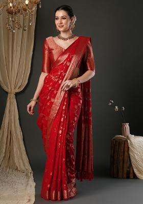 Red Printed Pure Georgette Saree Set