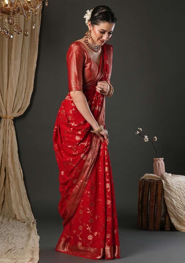 Red Printed Pure Georgette Saree Set for Diwali and Festive Wear - Indya