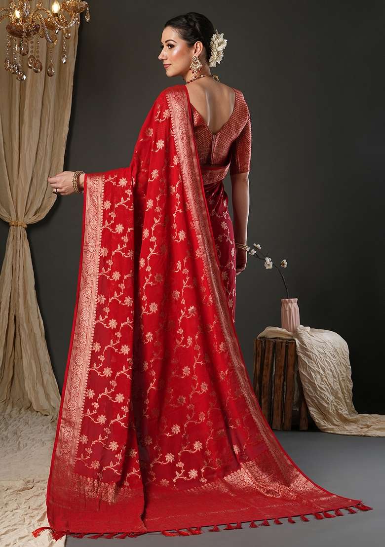 Red Printed Pure Georgette Saree Set for Diwali and Festive Wear - Indya