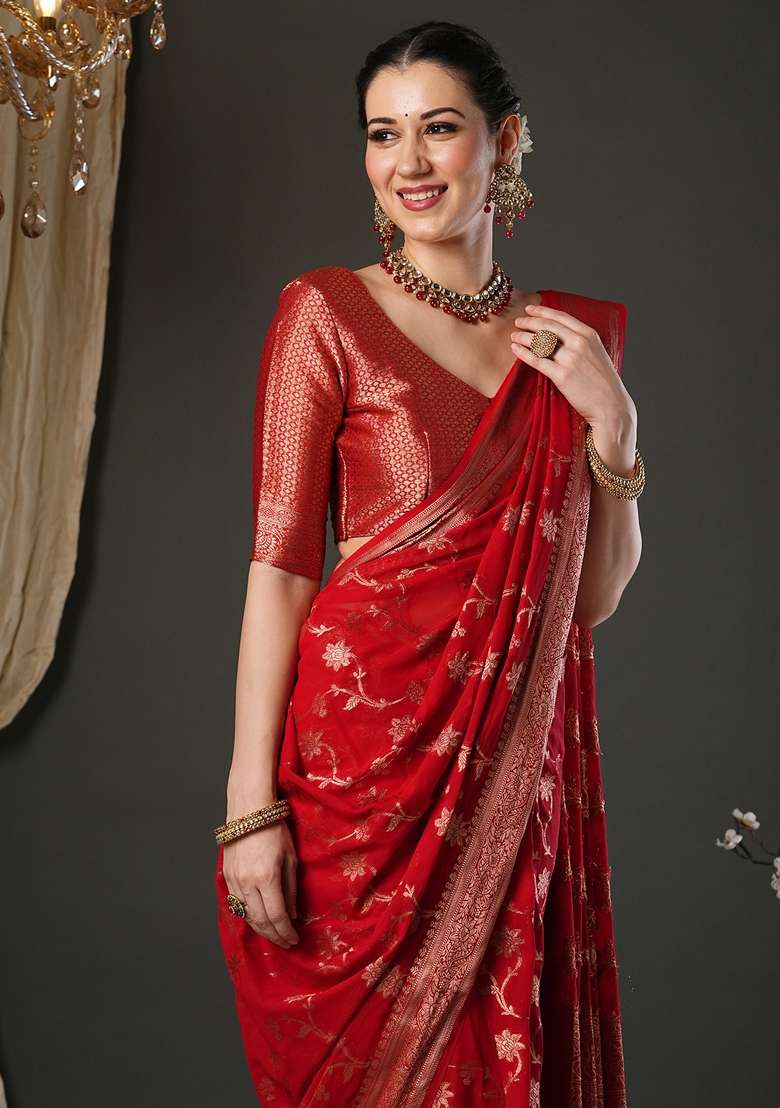 Red Printed Pure Georgette Saree Set for Diwali and Festive Wear - Indya