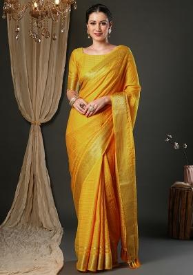 Yellow Printed Viscose Saree Set