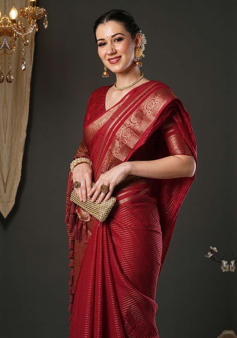 Maroon Viscose Saree Set with Printed for Diwali | Wedding & Festive Wear - Indya