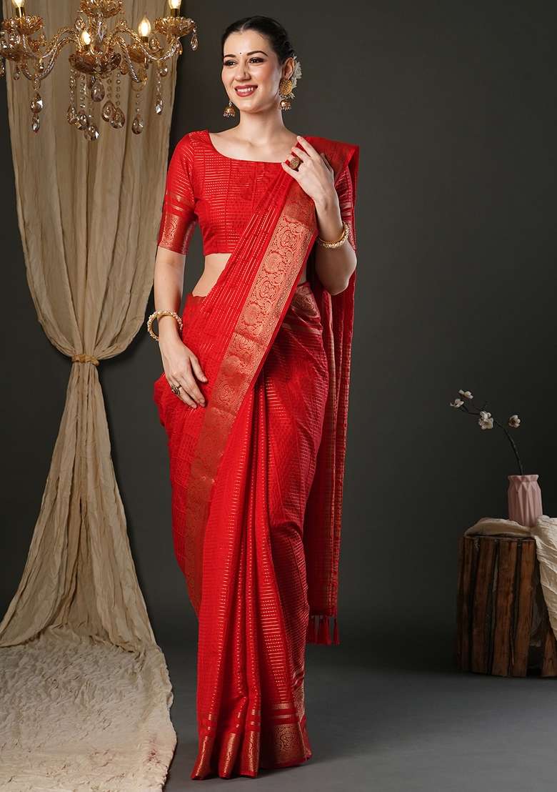 Red Printed Viscose Saree Set for Diwali and Festive Wear - Indya